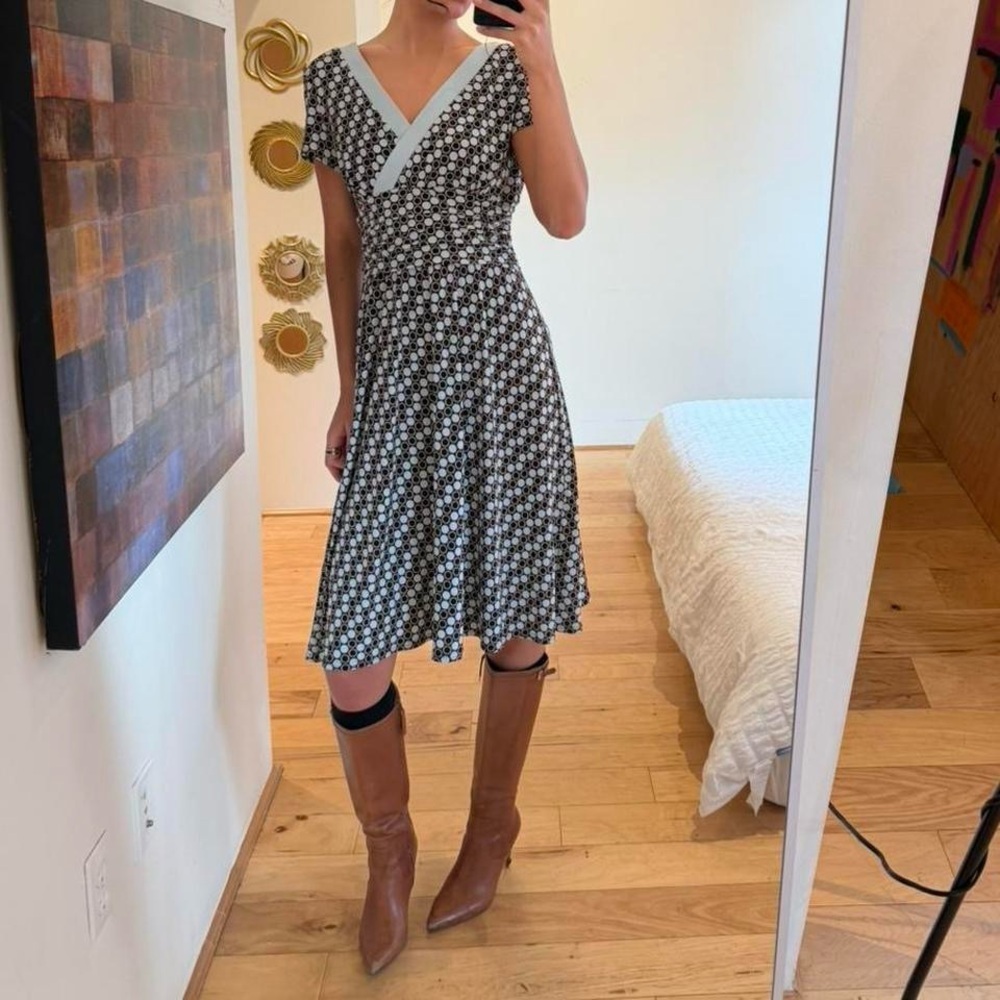 Sandra Darren Blue and Brown Vintage Polka Dot Midi Dress